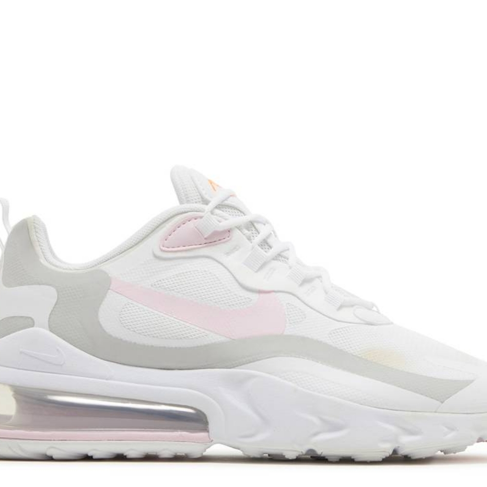 Nike Air Max 270 React Shoes in pink and white.